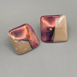Vintage 1990s Style Stud Back Earrings 1" Square Ceramic Iridescent Glazed